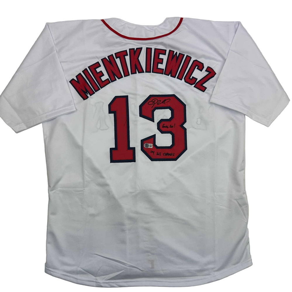 Autographed/Signed Doug Mientkiewicz Final Out! 04 WS Champs! Boston White Baseball Jersey Beckett BAS COA (ONLINE ORDER ONLY)