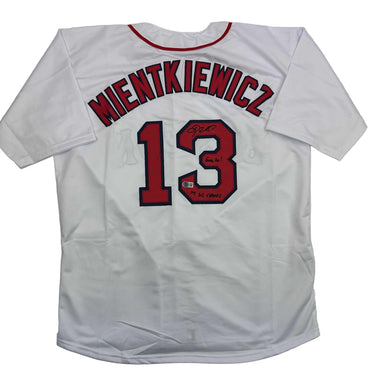 Autographed/Signed Doug Mientkiewicz Final Out! 04 WS Champs! Boston White Baseball Jersey Beckett BAS COA (ONLINE ORDER ONLY)