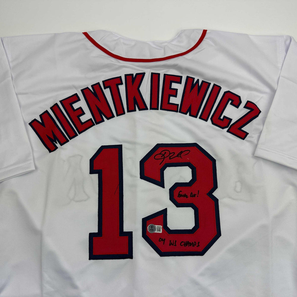 Autographed/Signed Doug Mientkiewicz Final Out! 04 WS Champs! Boston White Baseball Jersey Beckett BAS COA (ONLINE ORDER ONLY)