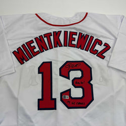 Autographed/Signed Doug Mientkiewicz Final Out! 04 WS Champs! Boston White Baseball Jersey Beckett BAS COA (ONLINE ORDER ONLY)