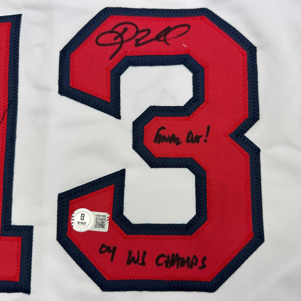 Autographed/Signed Doug Mientkiewicz Final Out! 04 WS Champs! Boston White Baseball Jersey Beckett BAS COA (ONLINE ORDER ONLY)