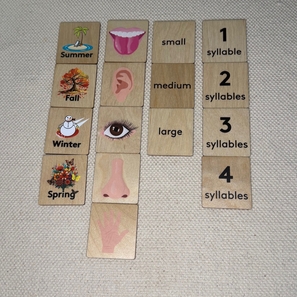 Wooden Language Labels, 4 Seasons, 5 Senses, Syllables, Small, Medium Large (ONLINE ORDER ONLY)