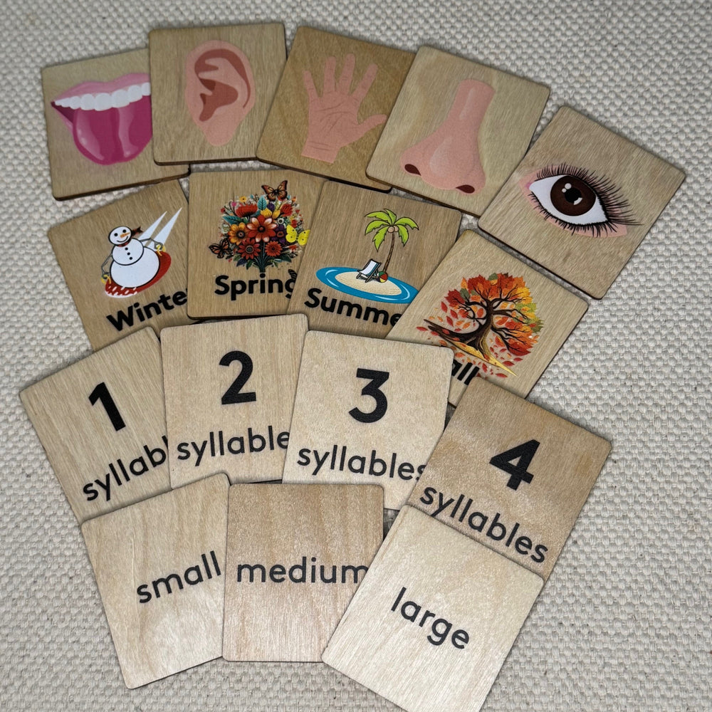 Wooden Language Labels, 4 Seasons, 5 Senses, Syllables, Small, Medium Large (ONLINE ORDER ONLY)