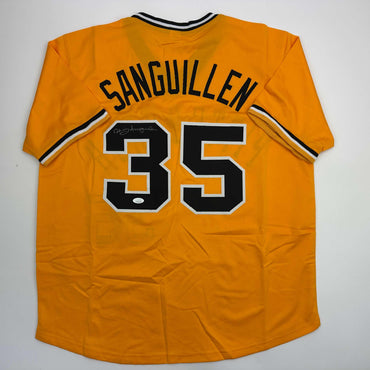 Autographed/Signed Manny Sanguillen Pittsburgh Yellow Baseball Jersey JSA COA (ONLINE ORDER ONLY)