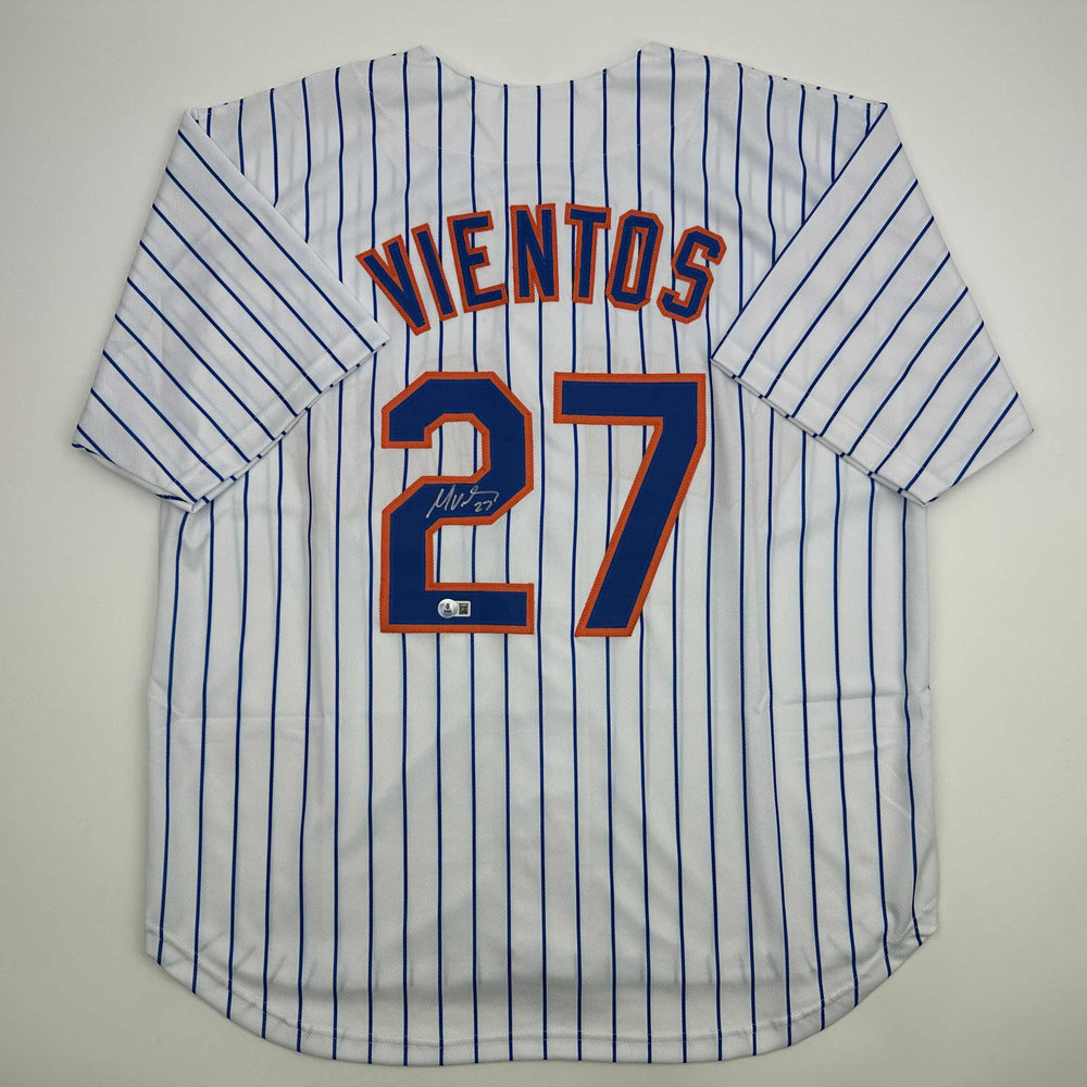 Autographed/Signed Mark Vientos New York Pinstripe Baseball Jersey Beckett BAS COA (ONLINE ORDER ONLY)