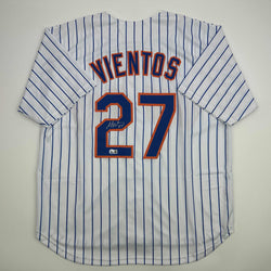 Autographed/Signed Mark Vientos New York Pinstripe Baseball Jersey Beckett BAS COA (ONLINE ORDER ONLY)