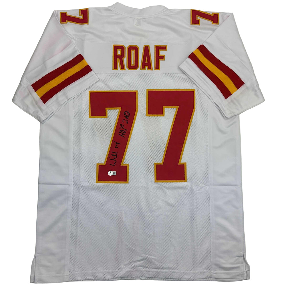 Autographed/Signed Willie Roaf HOF 2012 Kansas City White Football Jersey Beckett BAS COA (ONLINE ORDER ONLY)