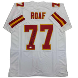 Autographed/Signed Willie Roaf HOF 2012 Kansas City White Football Jersey Beckett BAS COA (ONLINE ORDER ONLY)