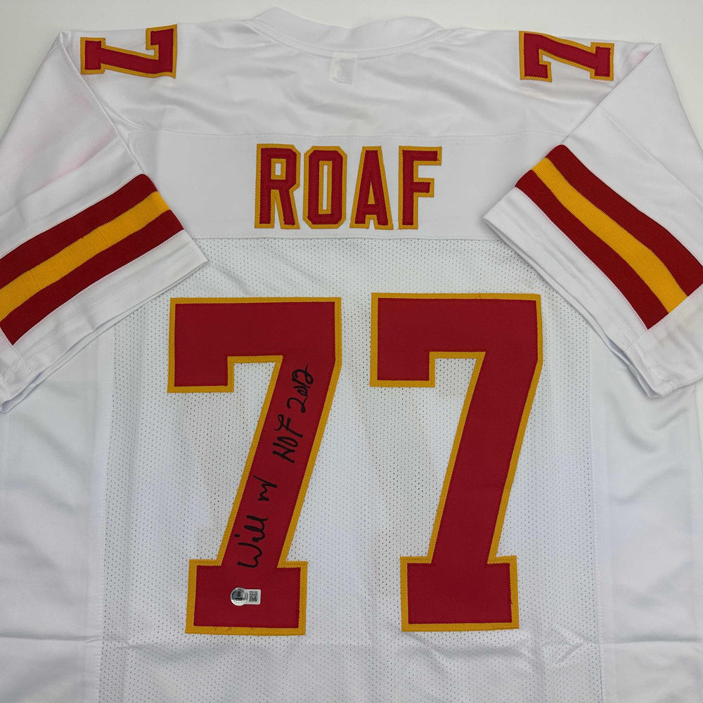 Autographed/Signed Willie Roaf HOF 2012 Kansas City White Football Jersey Beckett BAS COA (ONLINE ORDER ONLY)