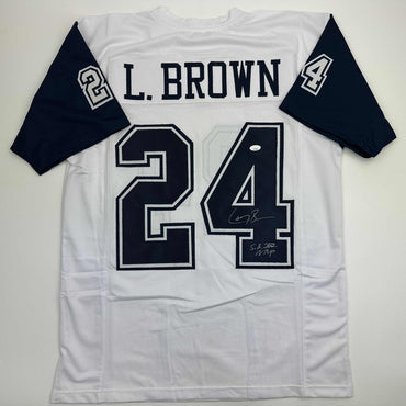 Autographed/Signed Larry Brown Super Bowl XXX MVP Dallas White Color Rush Football Jersey JSA COA (ONLINE ORDER ONLY)