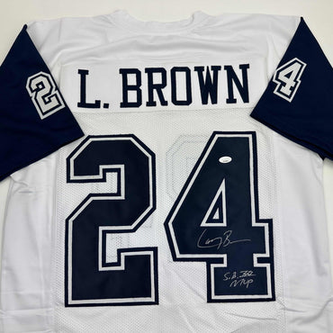 Autographed/Signed Larry Brown Super Bowl XXX MVP Dallas White Color Rush Football Jersey JSA COA (ONLINE ORDER ONLY)