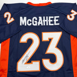 Autographed/Signed Willis McGahee Denver Blue Football Jersey JSA COA (ONLINE ORDER ONLY)