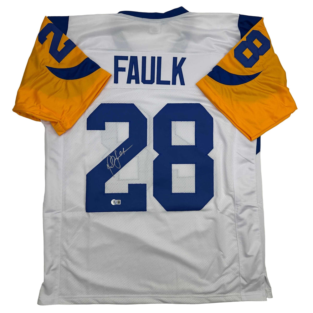 Autographed/Signed Marshall Faulk St. Louis Retro White Football Jersey Beckett BAS COA (ONLINE ORDER ONLY)