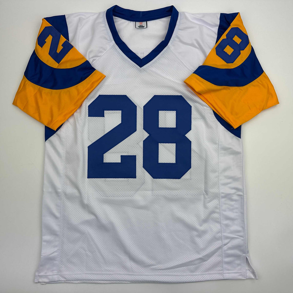 Autographed/Signed Marshall Faulk St. Louis Retro White Football Jersey Beckett BAS COA (ONLINE ORDER ONLY)