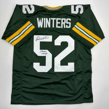 Autographed/Signed Frank Winters SB XXXI Champs Green Bay Green Football Jersey JSA COA (ONLINE ORDER ONLY)