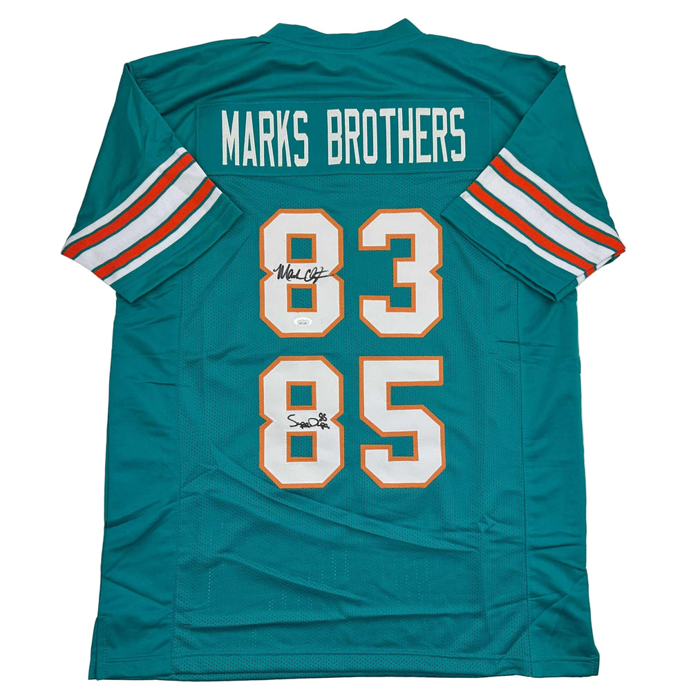 Autographed/Signed Marks Brothers Mark Clayton & Mark Duper Miami Teal Football Jersey JSA COA (ONLINE ORDER ONLY)