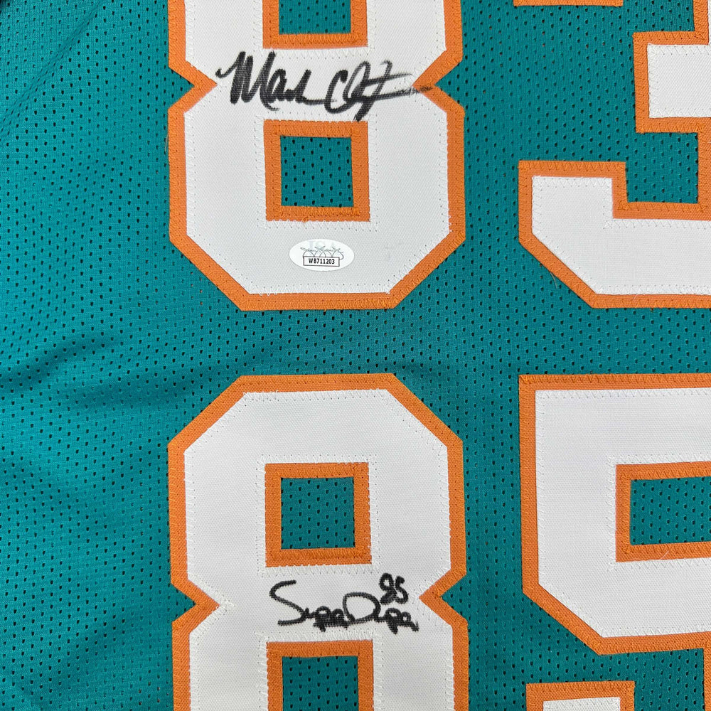 Autographed/Signed Marks Brothers Mark Clayton & Mark Duper Miami Teal Football Jersey JSA COA (ONLINE ORDER ONLY)