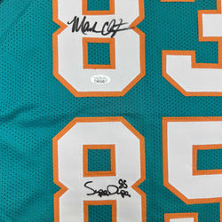 Autographed/Signed Marks Brothers Mark Clayton & Mark Duper Miami Teal Football Jersey JSA COA (ONLINE ORDER ONLY)