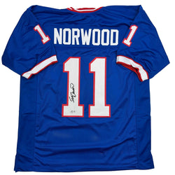 Autographed/Signed Scott Norwood Buffalo Blue Football Jersey Beckett BAS COA (ONLINE ORDER ONLY)