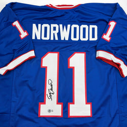 Autographed/Signed Scott Norwood Buffalo Blue Football Jersey Beckett BAS COA (ONLINE ORDER ONLY)