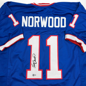 Autographed/Signed Scott Norwood Buffalo Blue Football Jersey Beckett BAS COA (ONLINE ORDER ONLY)