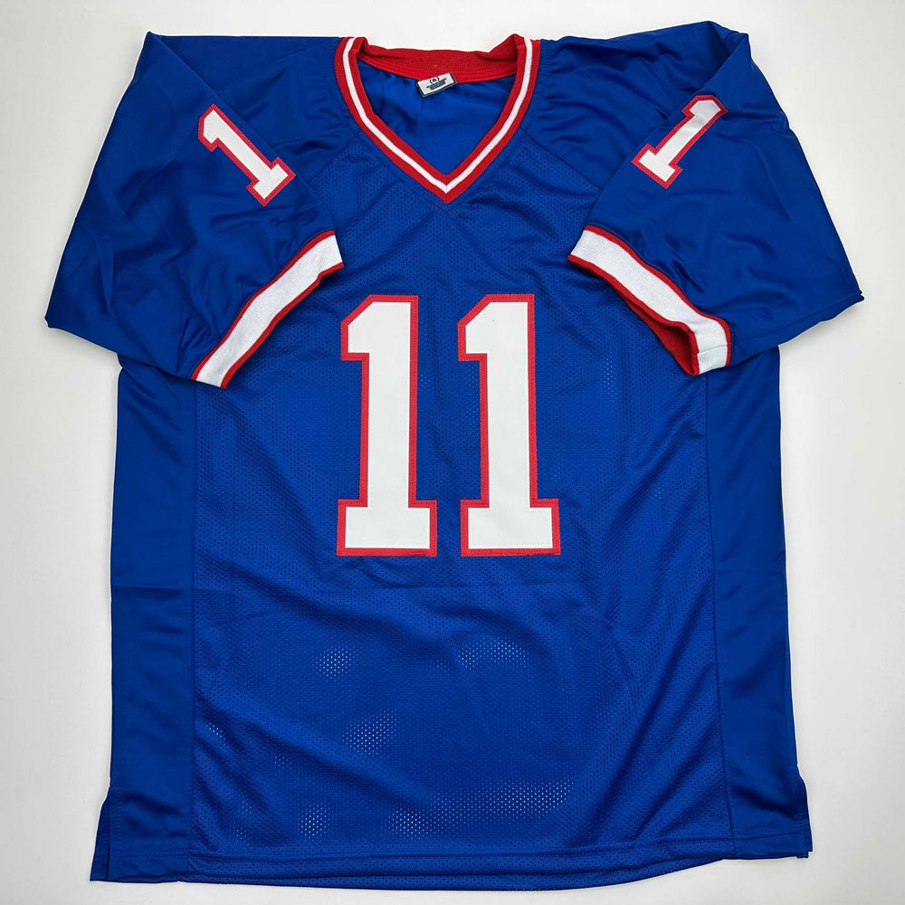 Autographed/Signed Scott Norwood Buffalo Blue Football Jersey Beckett BAS COA (ONLINE ORDER ONLY)