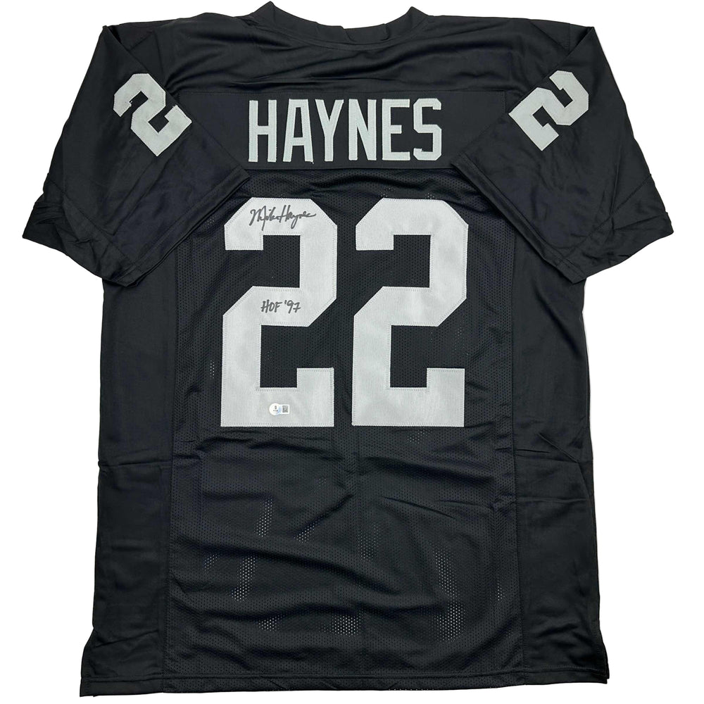 Autographed/Signed Michael Haynes HOF 97 Oakland Black Football Jersey Beckett BAS COA (ONLINE ORDER ONLY)