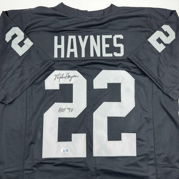 Autographed/Signed Michael Haynes HOF 97 Oakland Black Football Jersey Beckett BAS COA (ONLINE ORDER ONLY)