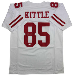 Autographed/Signed George Kittle San Francisco White Football Jersey Beckett BAS COA (ONLINE ORDER ONLY)