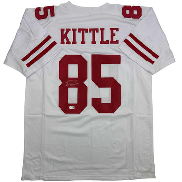 Autographed/Signed George Kittle San Francisco White Football Jersey Beckett BAS COA (ONLINE ORDER ONLY)