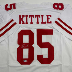Autographed/Signed George Kittle San Francisco White Football Jersey Beckett BAS COA (ONLINE ORDER ONLY)