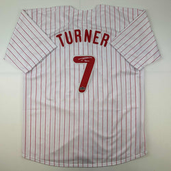 Facsimile Autographed Trea Turner Philadelphia Pinstripe Reprint Laser Auto Baseball Jersey Size Men's XL (ONLINE ORDER ONLY)