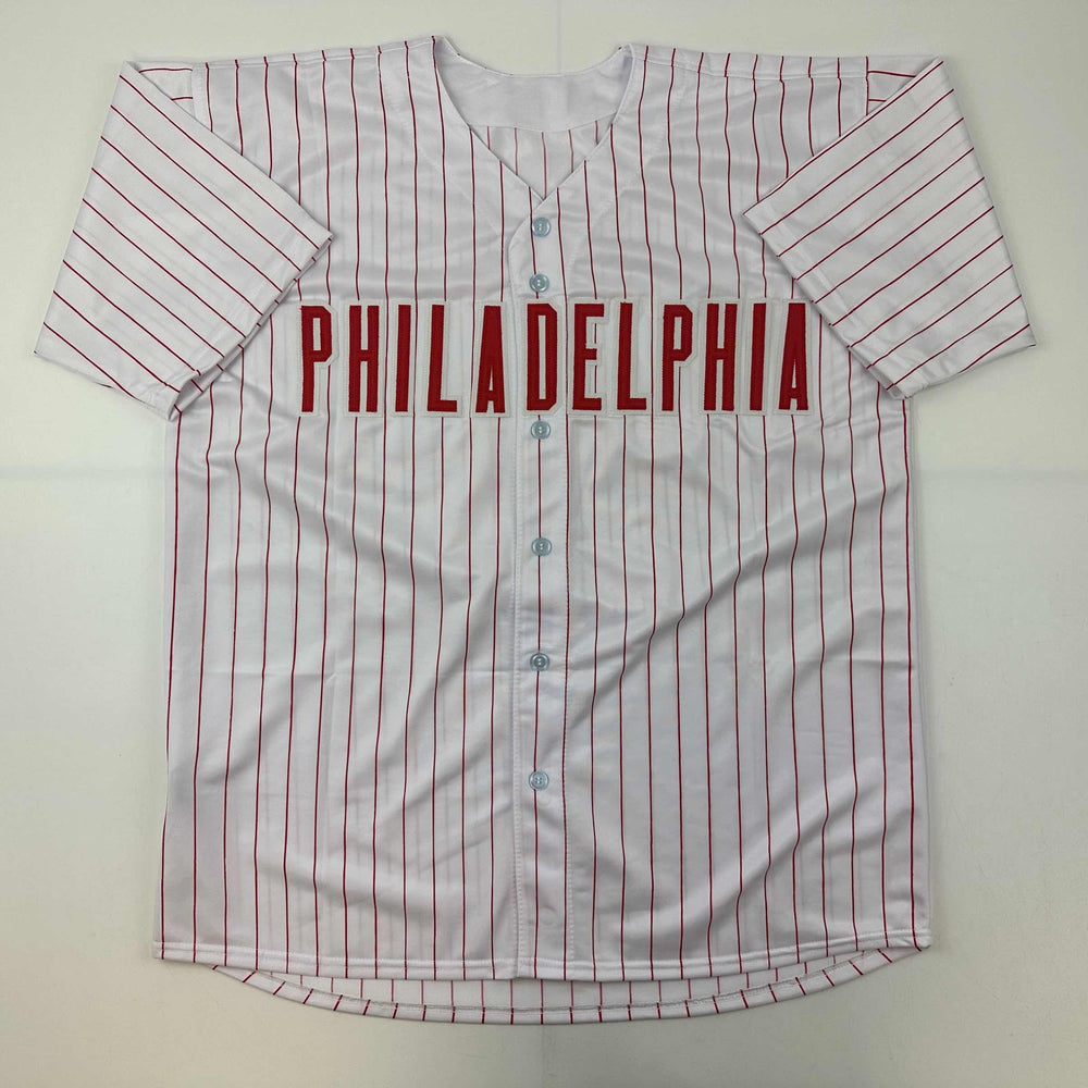 Facsimile Autographed Trea Turner Philadelphia Pinstripe Reprint Laser Auto Baseball Jersey Size Men's XL (ONLINE ORDER ONLY)