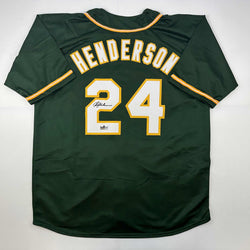 Facsimile Autographed Rickey Henderson Oakland Green Reprint Laser Auto Baseball Jersey Size Men's XL (ONLINE ORDER ONLY)