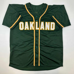 Facsimile Autographed Rickey Henderson Oakland Green Reprint Laser Auto Baseball Jersey Size Men's XL (ONLINE ORDER ONLY)