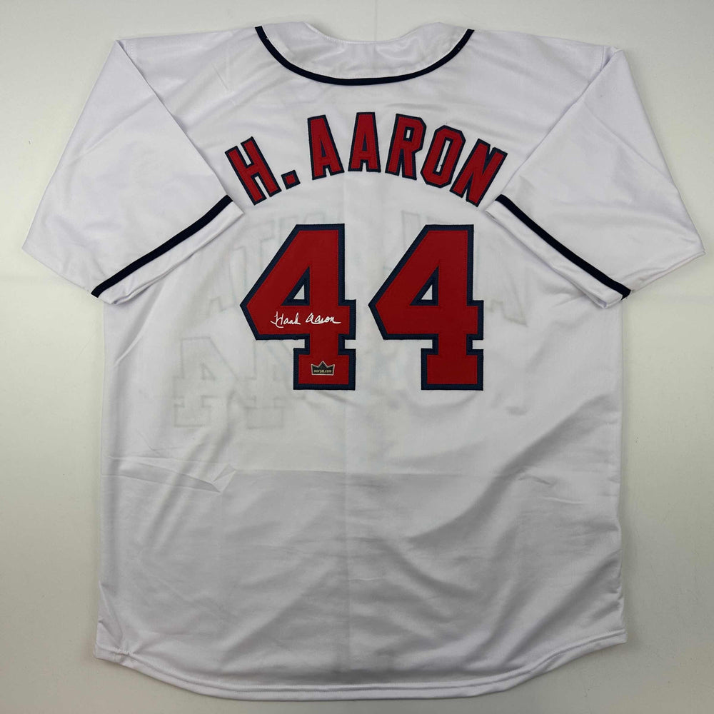 Facsimile Autographed Henry Hank Aaron Atlanta White Reprint Laser Auto Baseball Jersey Size Men's XL (ONLINE ORDER ONLY)