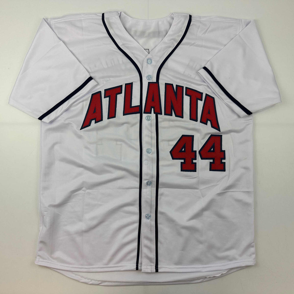 Facsimile Autographed Henry Hank Aaron Atlanta White Reprint Laser Auto Baseball Jersey Size Men's XL (ONLINE ORDER ONLY)