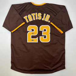 Facsimile Autographed Fernando Tatis Jr. San Diego Brown Reprint Laser Auto Baseball Jersey Size Men's XL (ONLINE ORDER ONLY)