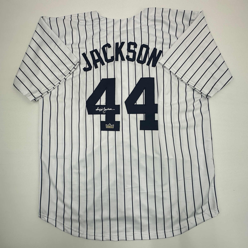 Facsimile Autographed Reggie Jackson New York Pinstripe Reprint Laser Auto Baseball Jersey Size Men's XL (ONLINE ORDER ONLY)