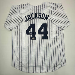 Facsimile Autographed Reggie Jackson New York Pinstripe Reprint Laser Auto Baseball Jersey Size Men's XL (ONLINE ORDER ONLY)