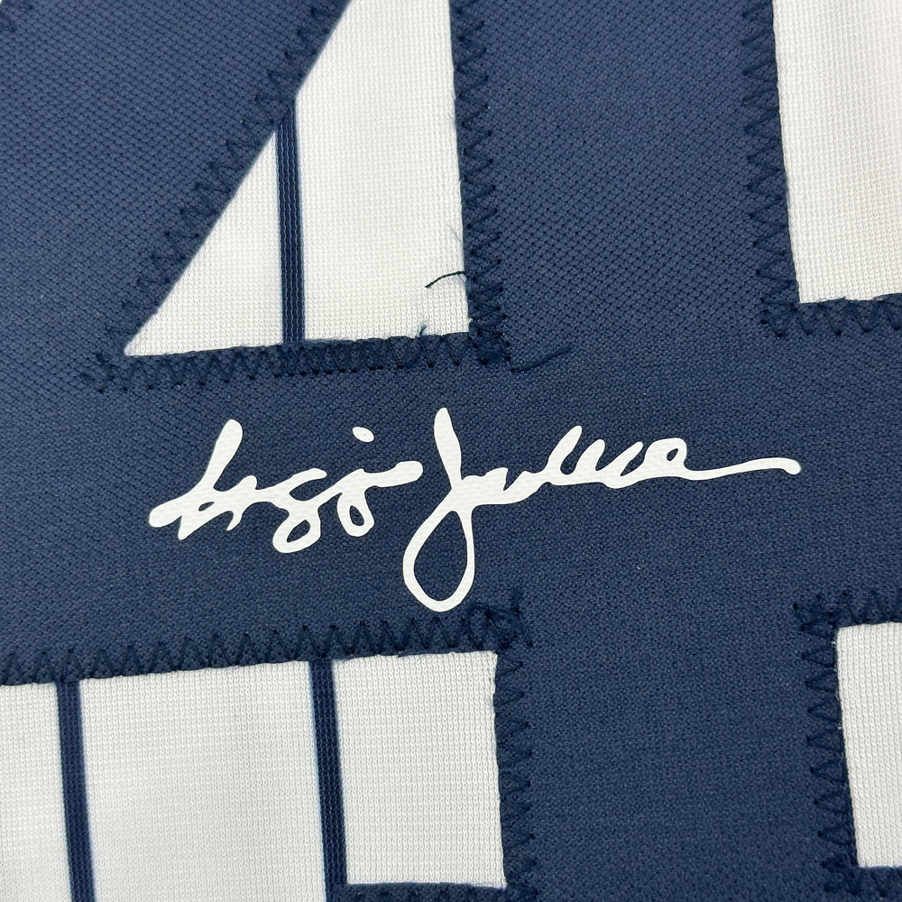 Facsimile Autographed Reggie Jackson New York Pinstripe Reprint Laser Auto Baseball Jersey Size Men's XL (ONLINE ORDER ONLY)