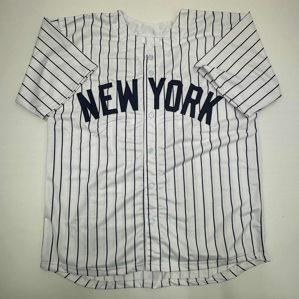 Facsimile Autographed Reggie Jackson New York Pinstripe Reprint Laser Auto Baseball Jersey Size Men's XL (ONLINE ORDER ONLY)