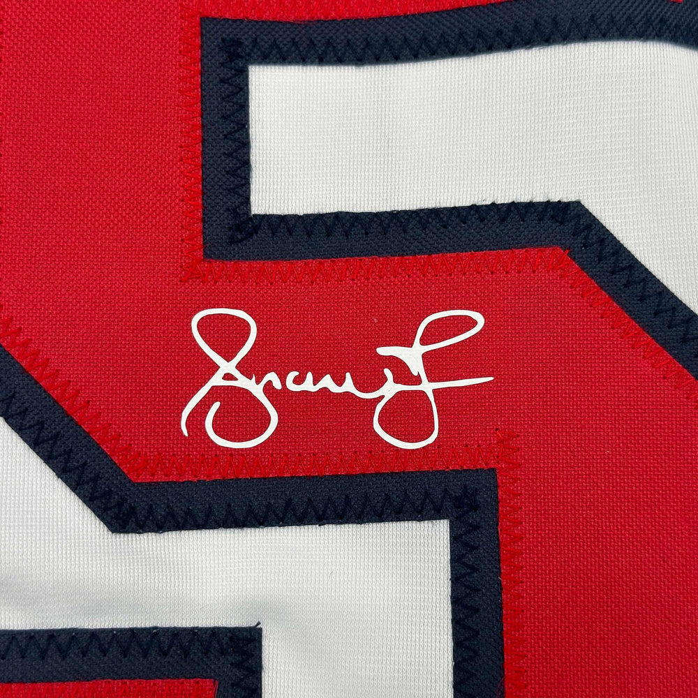 Framed Facsimile Autographed Andruw Jones 35x39 Atlanta White Reprint Laser Auto Baseball Jersey (ONLINE ORDER ONLY)
