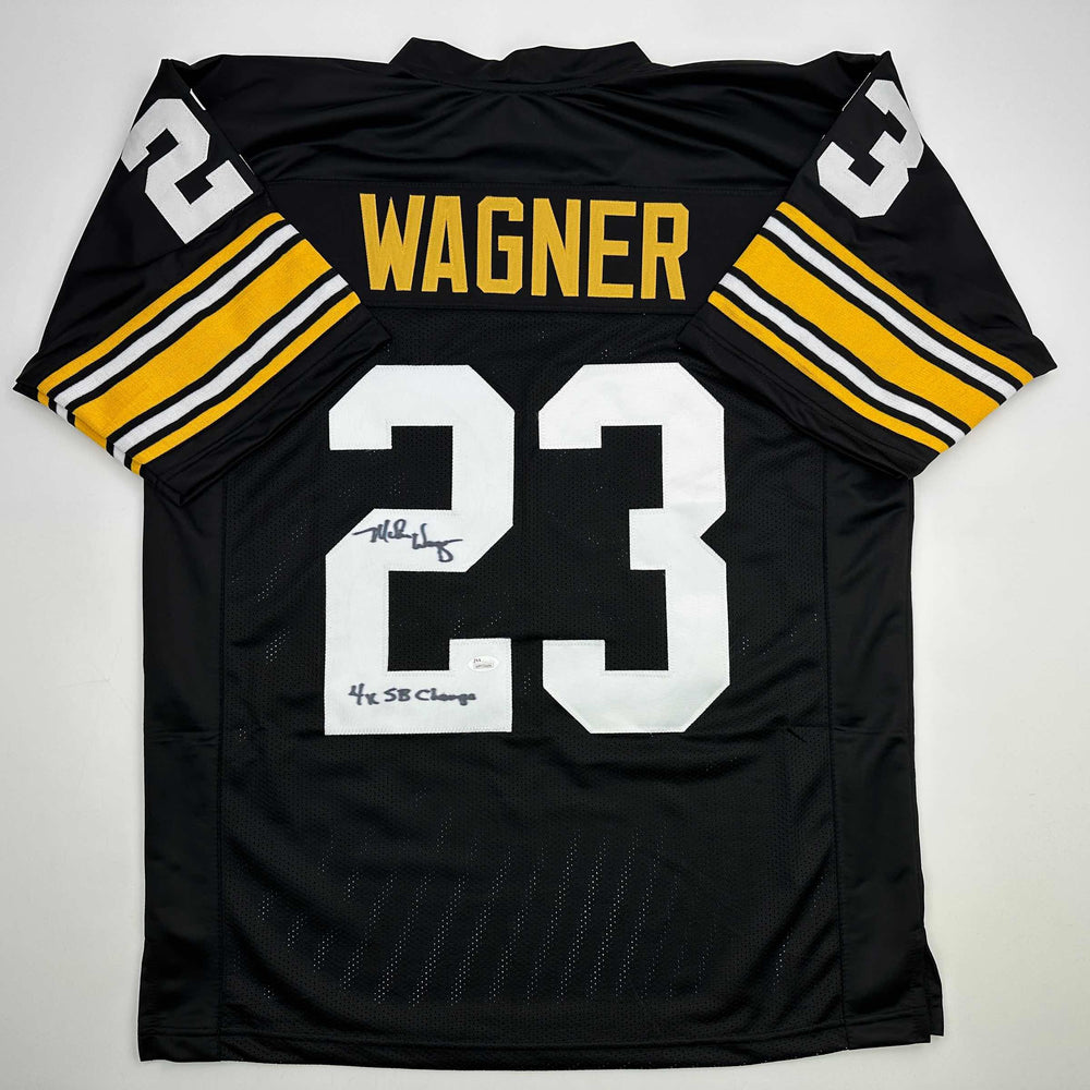 Autographed/Signed Mike Wagner 4x SB Champ Pittsburgh Black Football Jersey JSA COA (ONLINE ORDER ONLY)