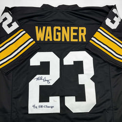 Autographed/Signed Mike Wagner 4x SB Champ Pittsburgh Black Football Jersey JSA COA (ONLINE ORDER ONLY)