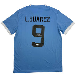 Autographed/Signed Luis Suarez Uruguay Blue World Cup Soccer Futbol Jersey Beckett BAS COA (ONLINE ORDER ONLY)