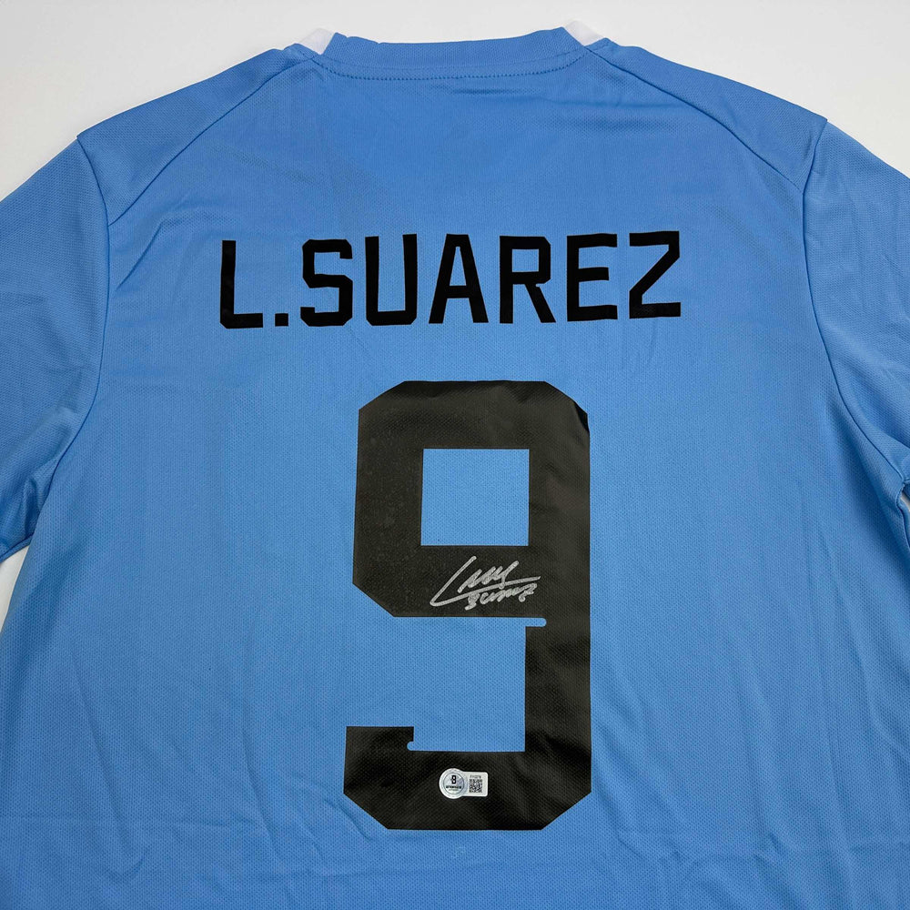 Autographed/Signed Luis Suarez Uruguay Blue World Cup Soccer Futbol Jersey Beckett BAS COA (ONLINE ORDER ONLY)