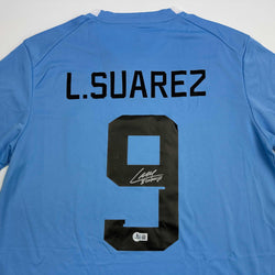 Autographed/Signed Luis Suarez Uruguay Blue World Cup Soccer Futbol Jersey Beckett BAS COA (ONLINE ORDER ONLY)
