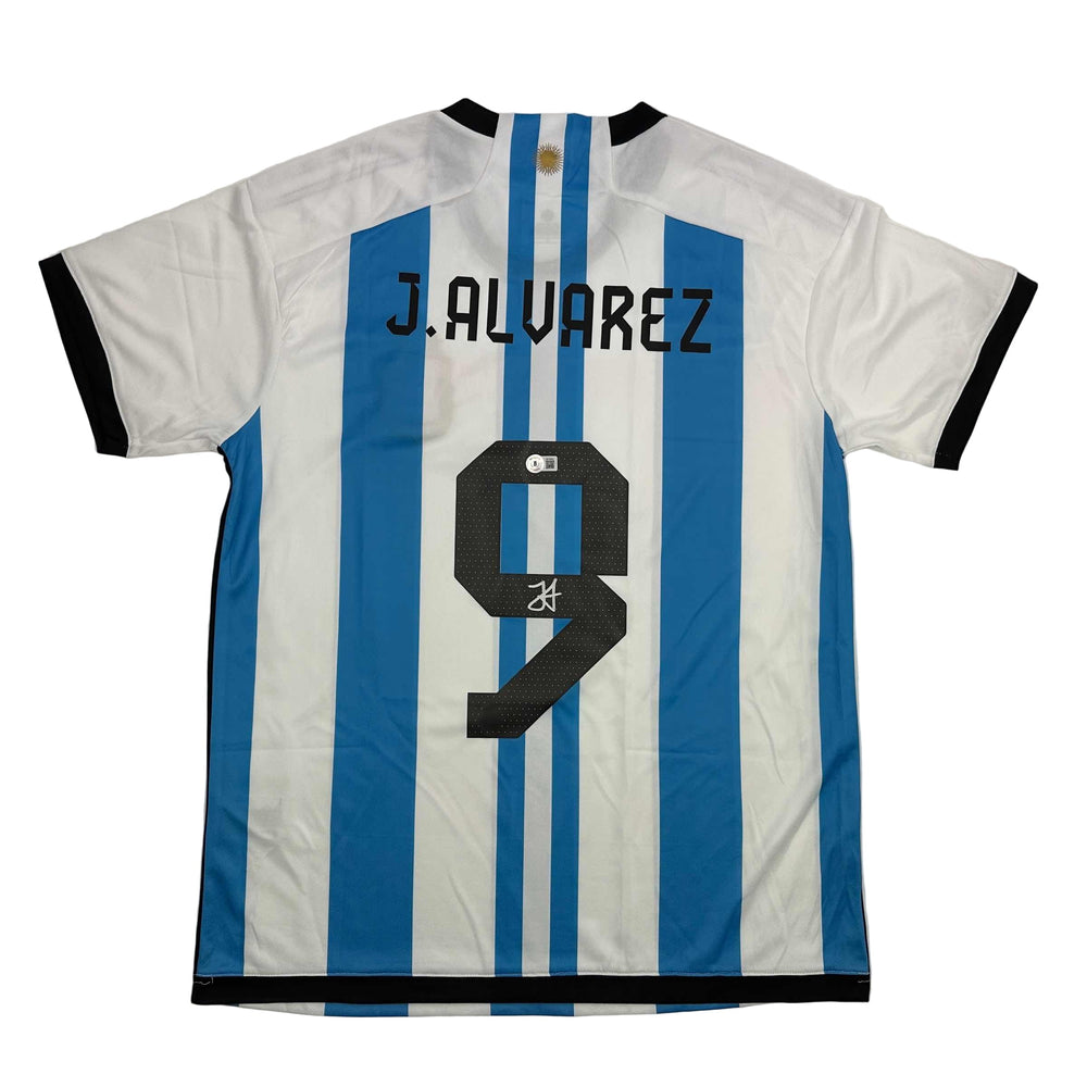 Autographed/Signed Julian Alvarez Argentina Blue/White Soccer World Cup Jersey Beckett BAS COA (ONLINE ORDER ONLY)