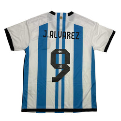 Autographed/Signed Julian Alvarez Argentina Blue/White Soccer World Cup Jersey Beckett BAS COA (ONLINE ORDER ONLY)